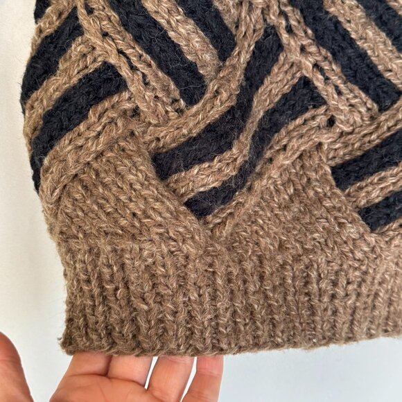 80s Vintage Saturdays Black Brown Twisted Chunky Knit Ballon Sleeve Sweater - Picture 5 of 10